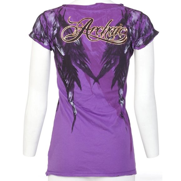 Archaic AFFLICTION Women's T-Shirt SECOND LOVE Feathers PURPLE Tattoo Biker $40 - Picture 7 of 8